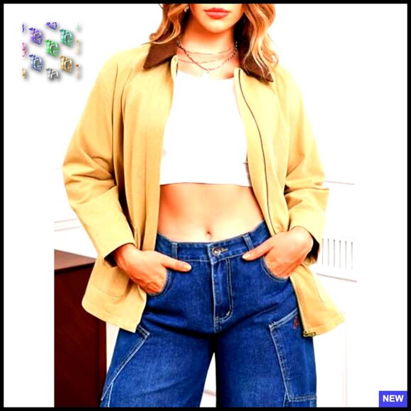 Oversized Barn Jacket Zip Up Military Safari Vintage Trench Coat with Pockets - Picture 4 of 6